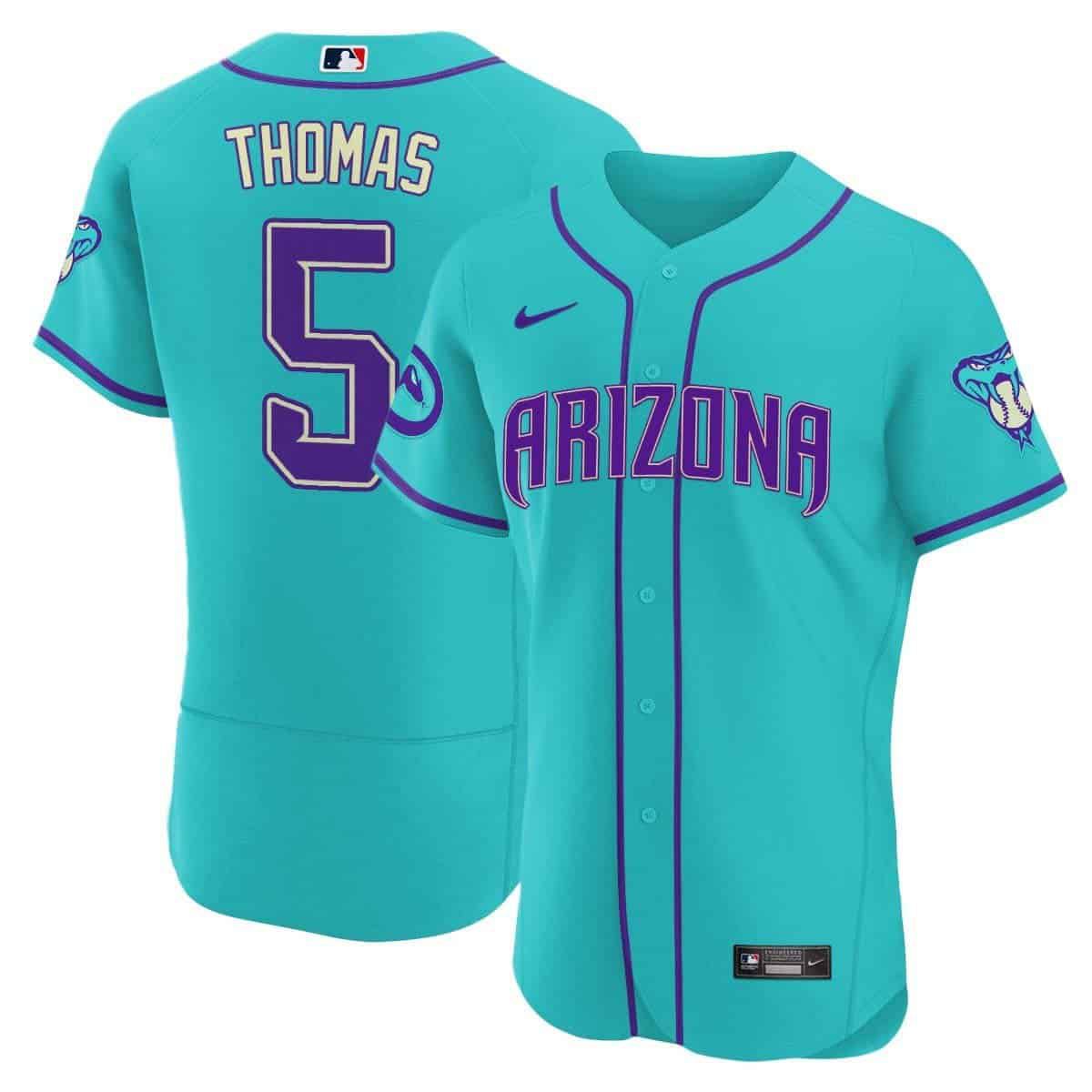 Men Arizona Diamondback #5 Thomas Light Blue Nike 2024 Teal Purple MLB Jersey style 1